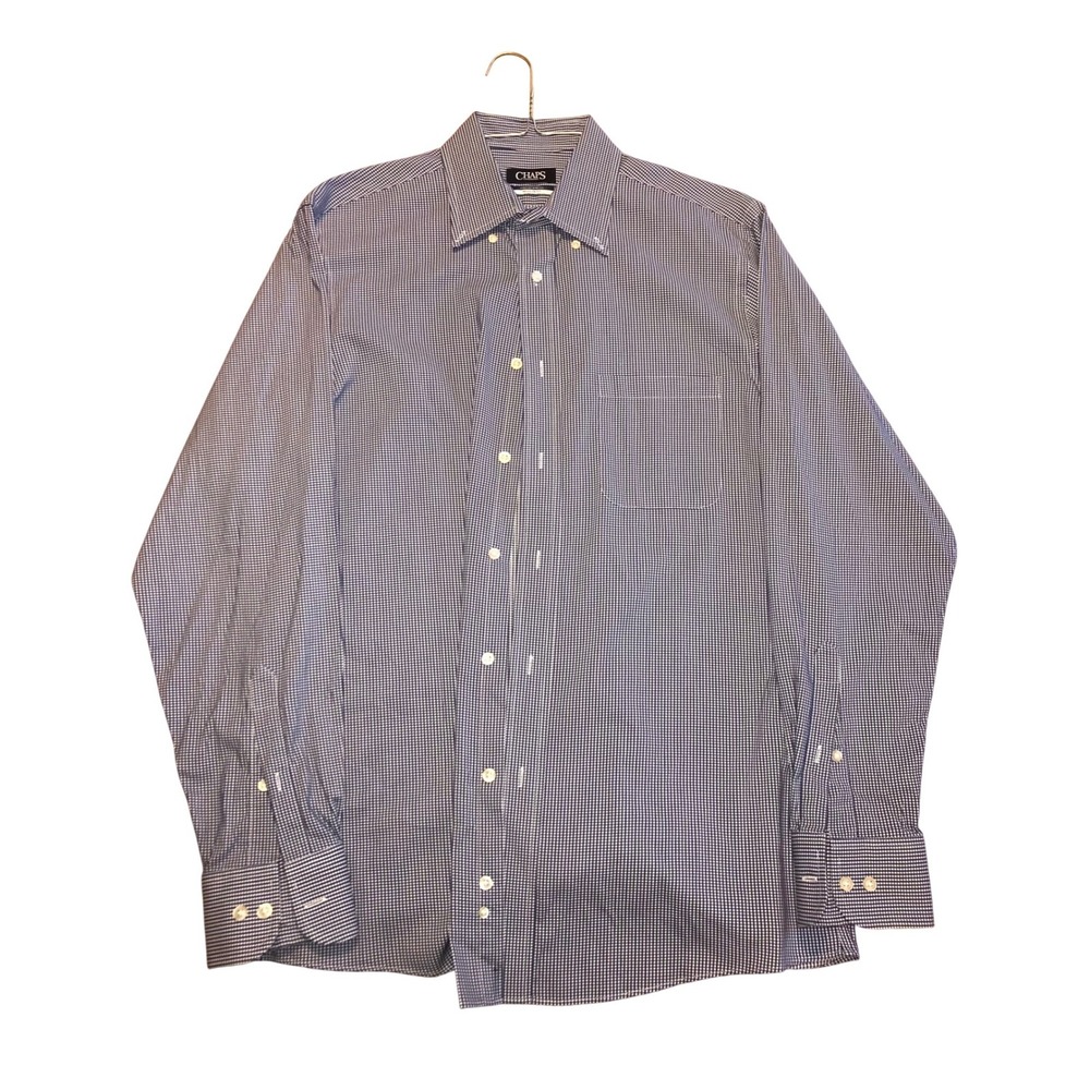 Chaps Mens Blue White Gingham Comfort‎ Stretch Dress Shirt 15.5 34/35 M Business